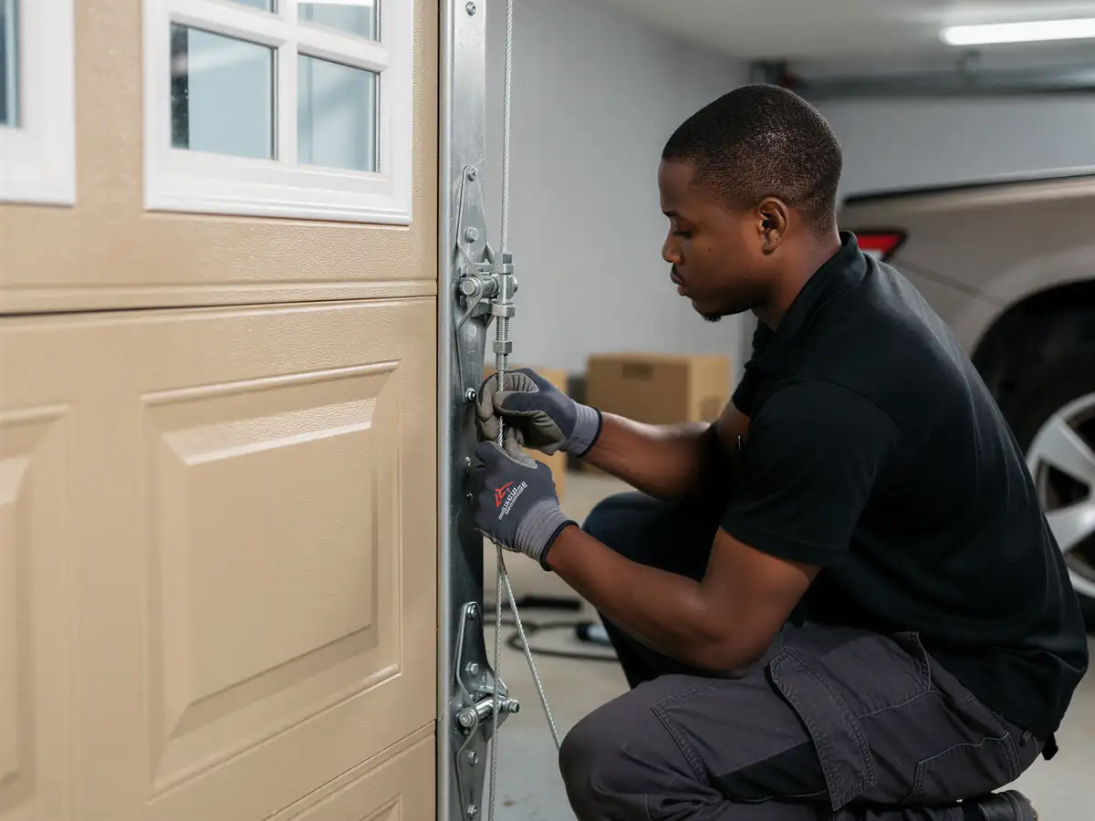 A technician in gloves adjusts the cable on a tan garage door.
