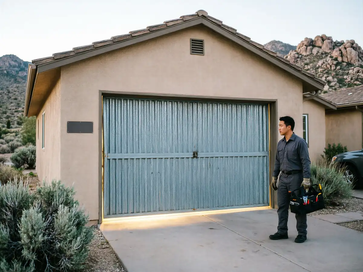 A technician stands with a toolbox in front of a garage with a metal door.
