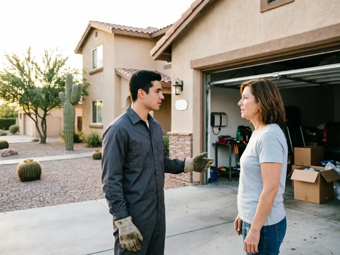 A technician in a gray uniform talks to a woman in front of a house.