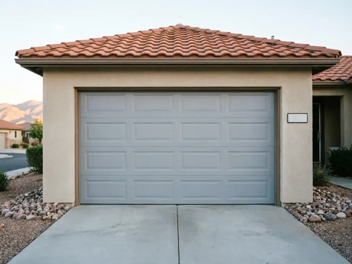 A light gray garage door is on a stucco house with a red tile roof.