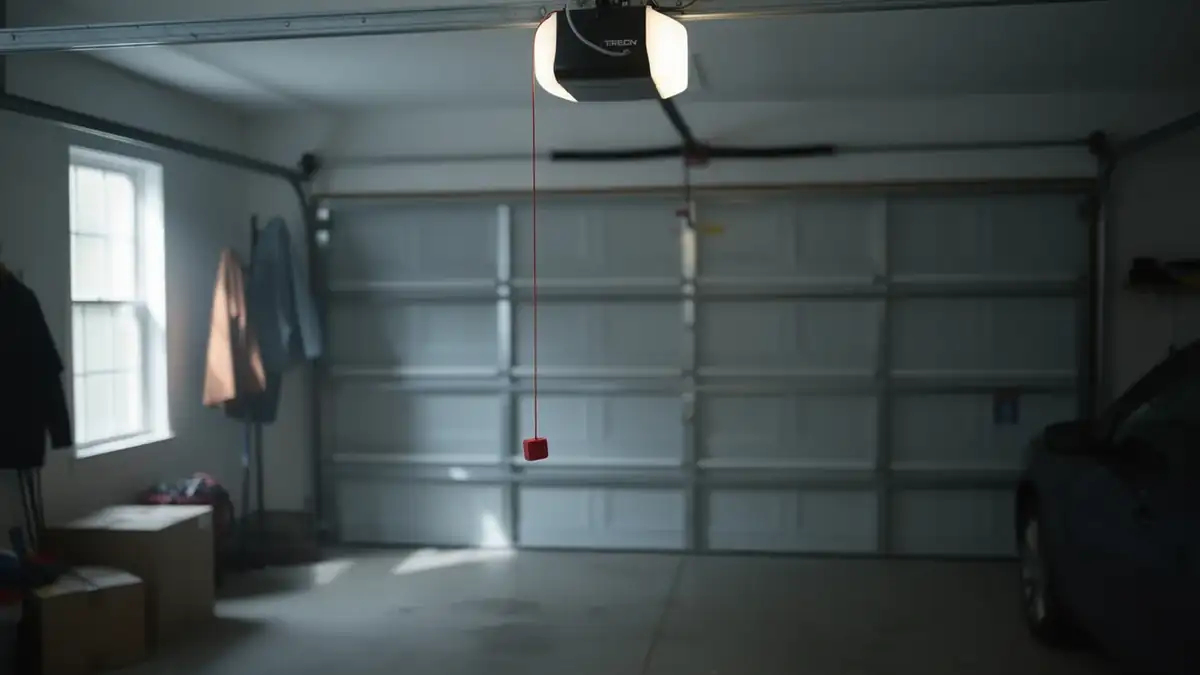 The garage door opener is illuminated, with a red emergency release cord hanging down.