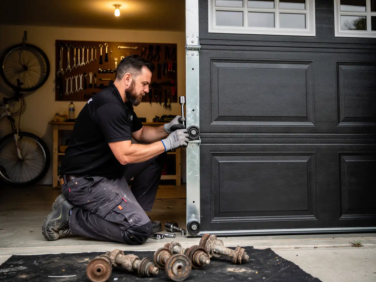 A technician kneels, repairing a black garage door with a wrench.